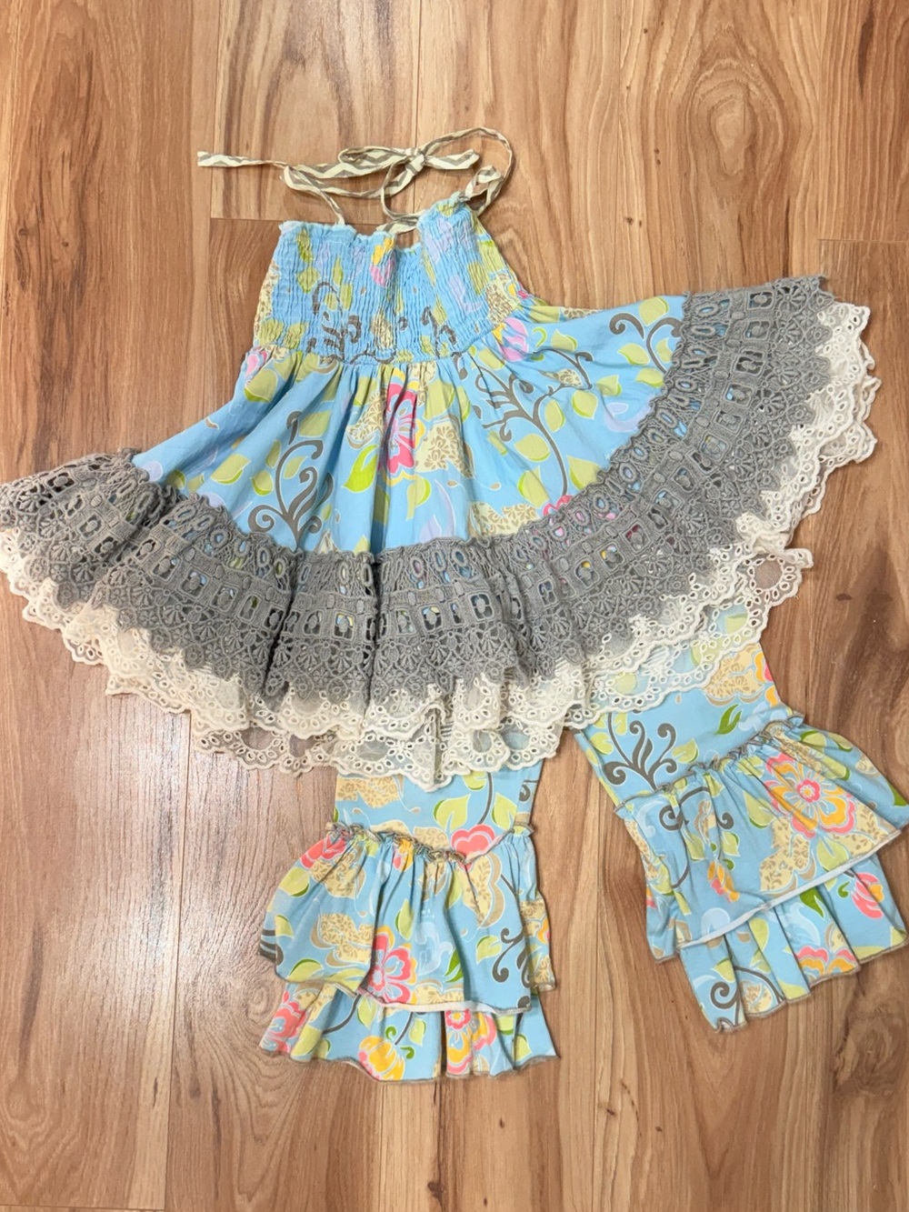 Mustard Pie Blue Floral Ruffled Girls Matching Set-Girls 8